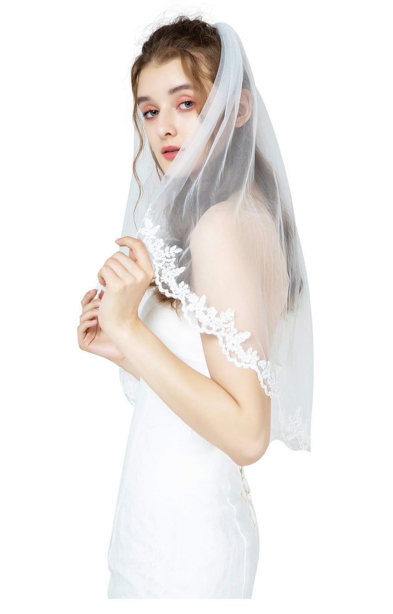 BEAUTELICATE Wedding Bridal Veil with Comb 1 Tier Lace Applique Edge Elbow Length - Image 1